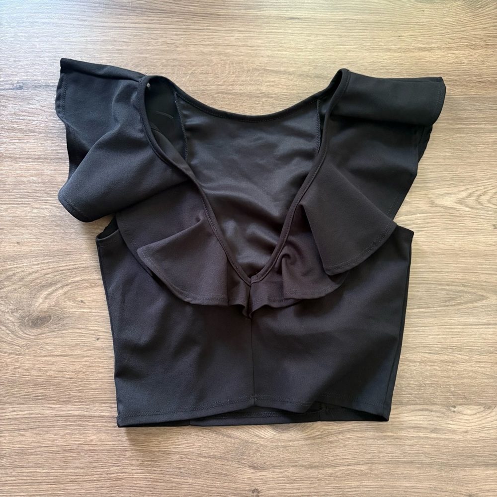 Black Ruffle Crop Top Fitted Size L Butterfly Sleeve Sexy Blouse V-Neck